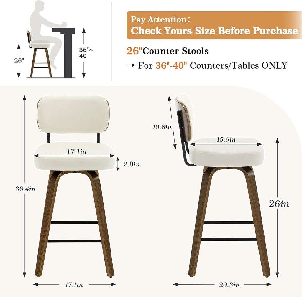 Bekrvio 26" Swivel Counter Height Single Bar Stool with Back,Cream White