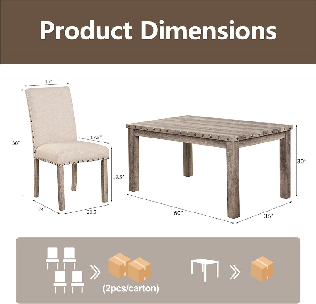 Modern Fort 5-Piece Farmhouse Dining Table Set for 4, 60" Rectangular Wood Dining Table with 4 Upholstered Chairs, Nailhead Trim, Kitchen Table with Chairs Set for Dining Room & Breakfast Nook