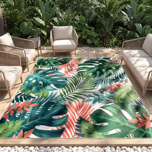 Arenarug 5x8 Monstera Tropical Outdoor Rug Waterproof, Teal
