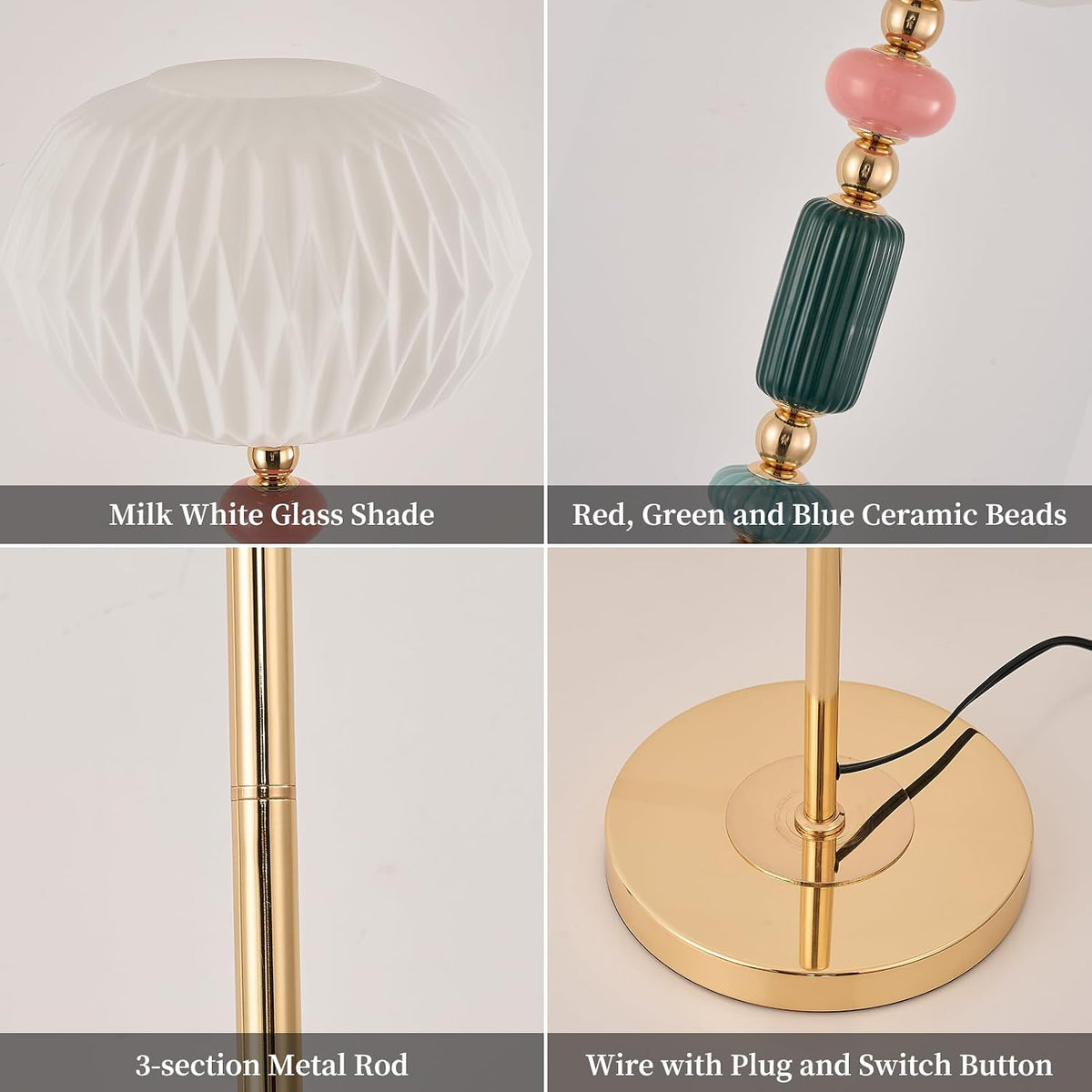 Floor Standing Tall Lamp Milk Glass Floor Lamp with Plug Switch Button for Living Room Bedroom Home Office