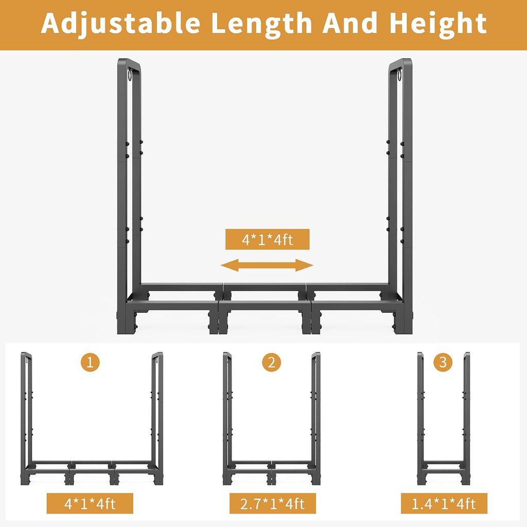 Mr IRONSTONE 4ft Firewood Rack Outdoor Indoor, Upgraded Heavy Duty Adjustable Fire Wood Rack Holds Up to 2600lbs, Fireplace Log Holder Wood Storage for Porch Patio, Easy Assembly
