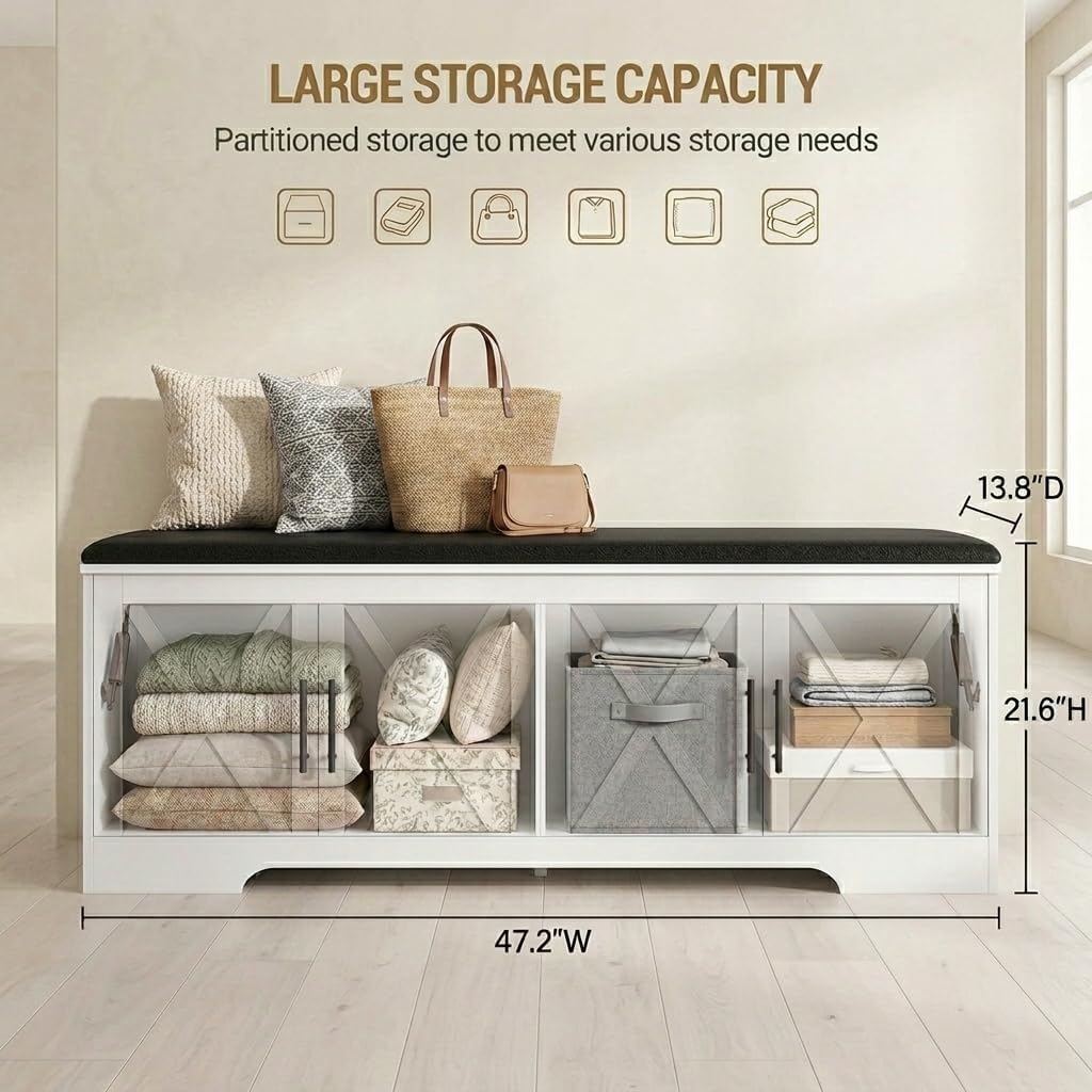 DreamDashio Storage Bench with Cushion, 47.2" End of Bed Storage Bench with Lift Top, Window Bench Seat with Storage for Bedroom, Mudroom, Entryway, Living Room & Hallway, White