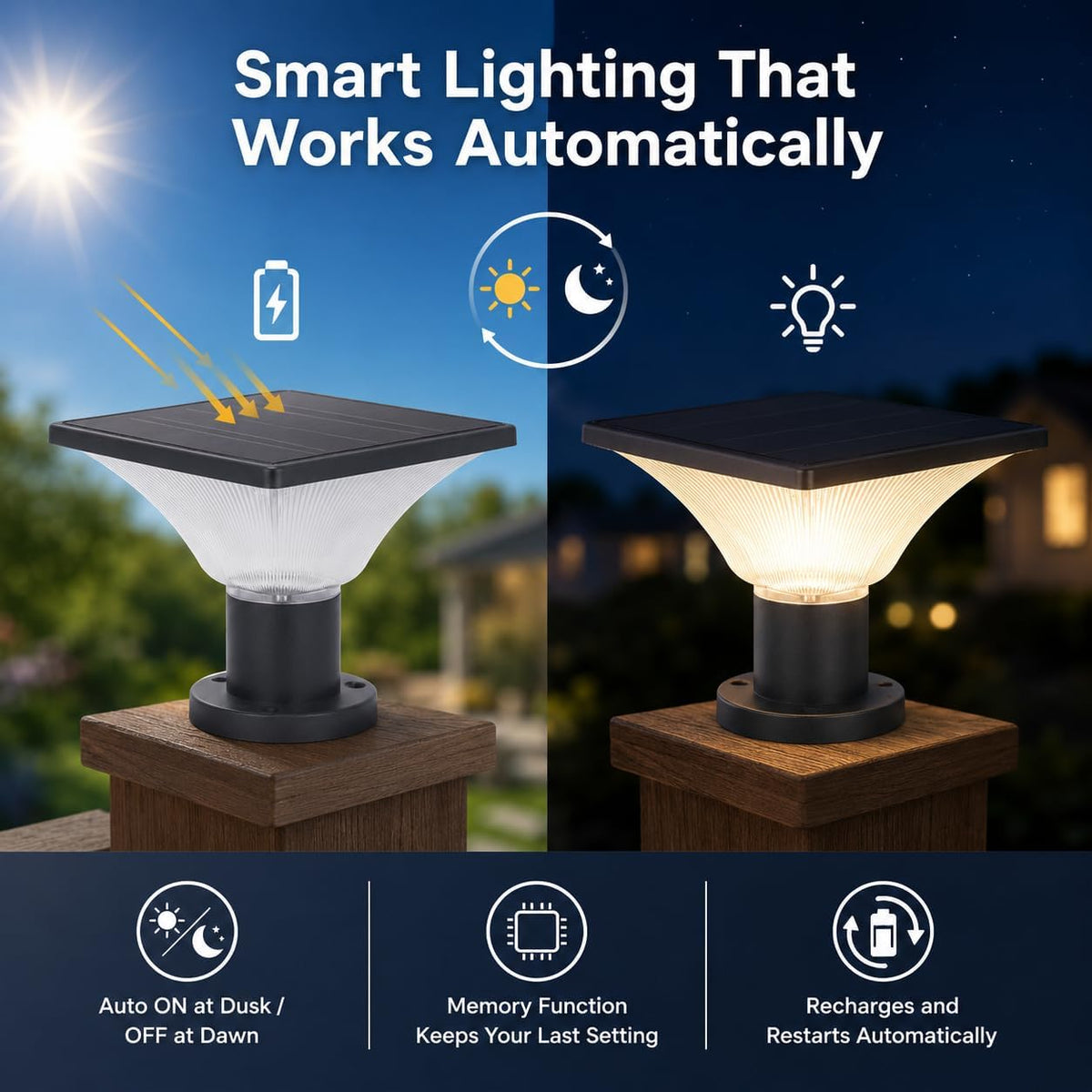 Solar Post Cap Lights Outdoor,Dusk to Dawn Auto On/Off Solar Powered Post Lights Fits Most Posts (2 Pack)
