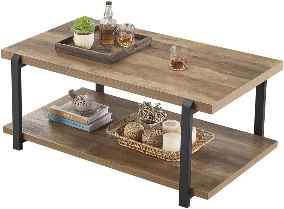 FOLUBAN Industrial Coffee Table with Shelf, Wood and Metal Rustic Cocktail Table for Living Room, Oak
