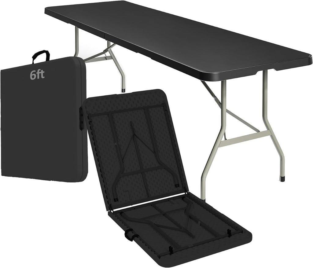 6FT Folding Table, Black Portable HDPE Utility Table with Carry Handle