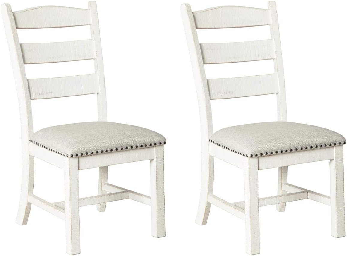 Signature Design by Ashley Valebeck Farmhouse Rectangular Extension Dining Table, Fits up to 8, White & Brown Valebeck Vintage Farmhouse Cushioned Dining Chair, 2 Count, Whitewash