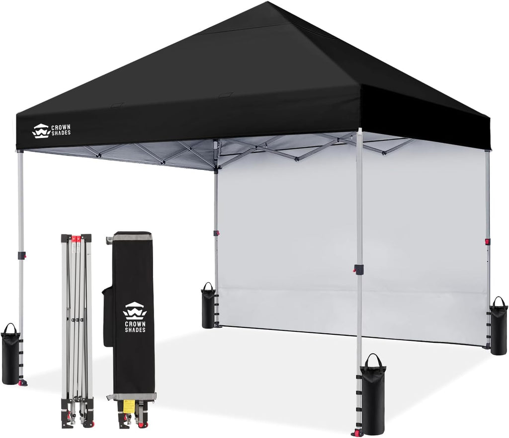 CROWN SHADES 8x8 Pop Up Canopy with 1 Side Wall, Beach Canopy Tent, Black