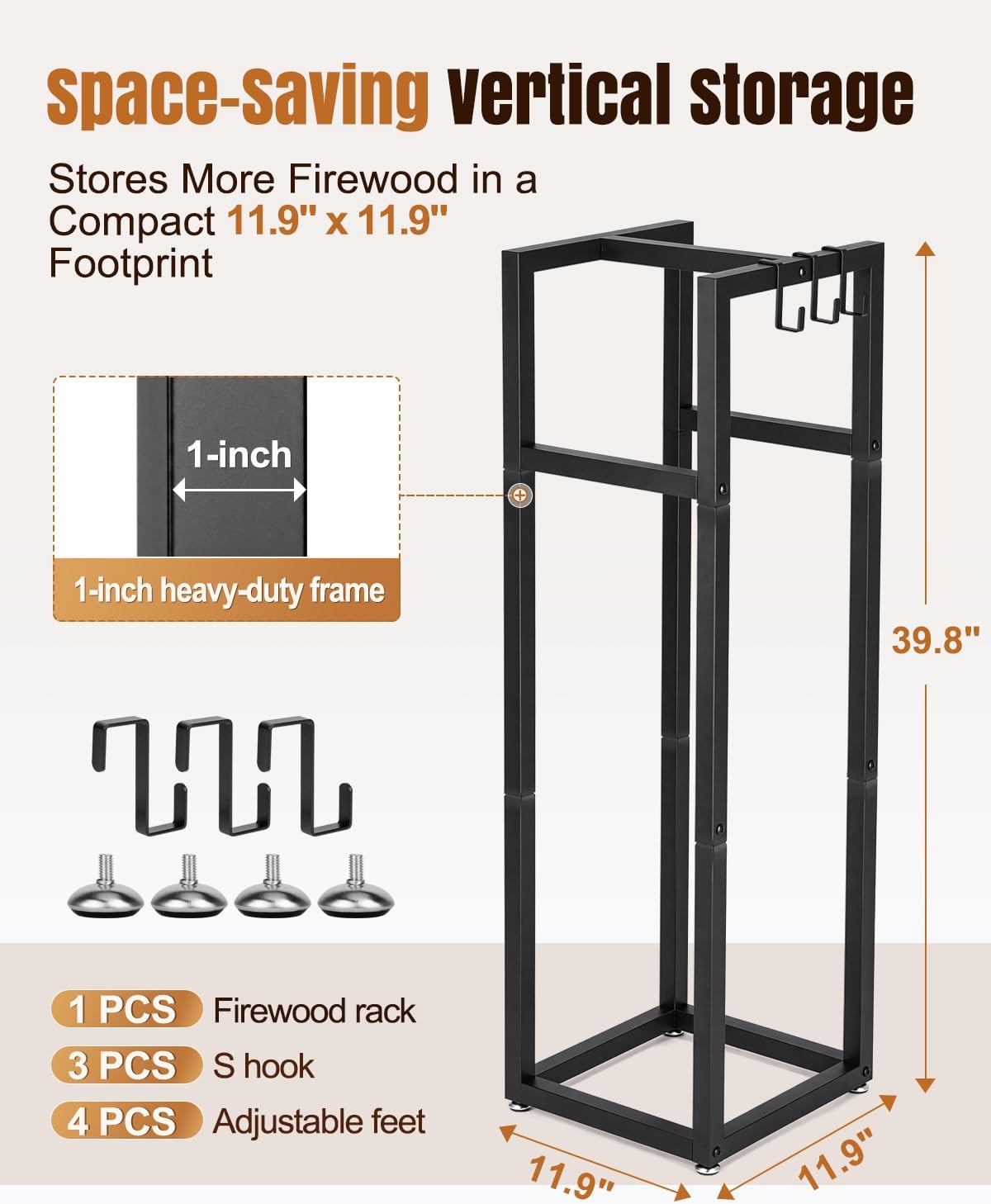 39.8in firewood rack indoor outdoor with hooks, side view