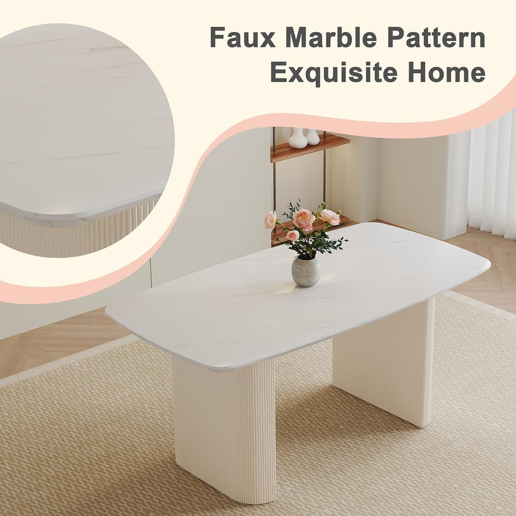 Ebullient White Dining Table, 67'' Modern Oval Dining Table for 4-8 People, White Tabletop with Cream Ripple Legs, Suitable for Dinning Room, White Table Only