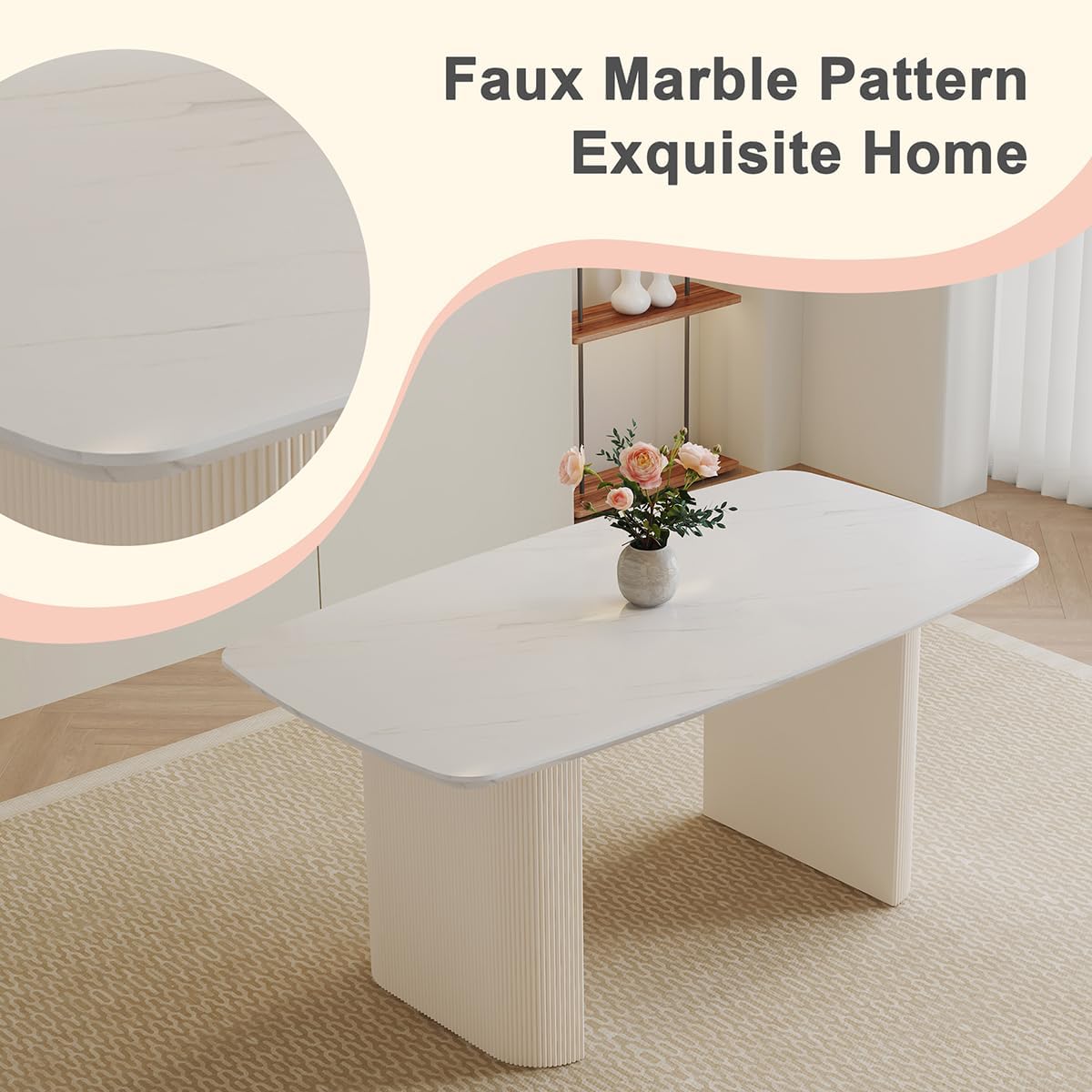 Ebullient White Dining Table, 67'' Modern Oval Dining Table for 4-8 People, White Tabletop with Cream Ripple Legs, Suitable for Dinning Room, White Table Only
