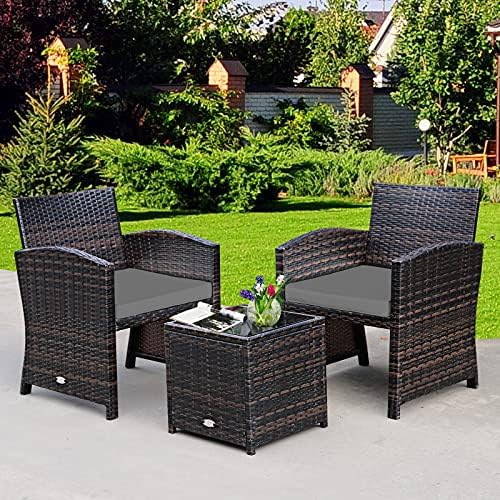 Tangkula 3-Piece Outdoor Furniture Set, Patio Wicker Conversation Set, Grey