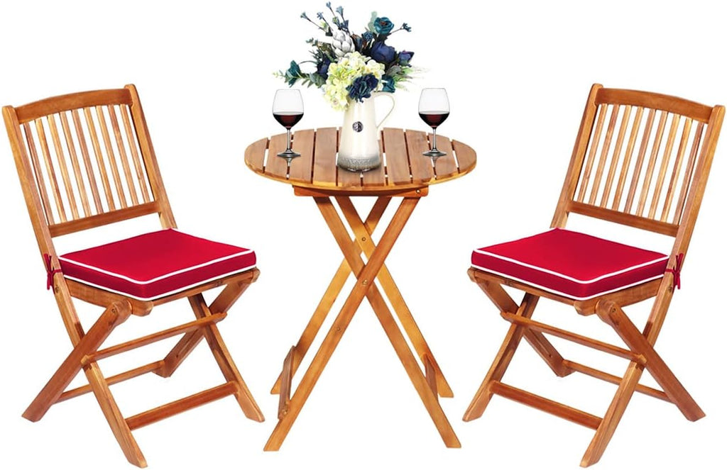 ORALNER 3-Piece Acacia Wood Folding Patio Bistro Set, Small Outdoor Balcony Furniture, Round Coffee Table and 2 Chairs with Soft Cushions, Teak Table Set for Porch, Backyard, Deck (Red)