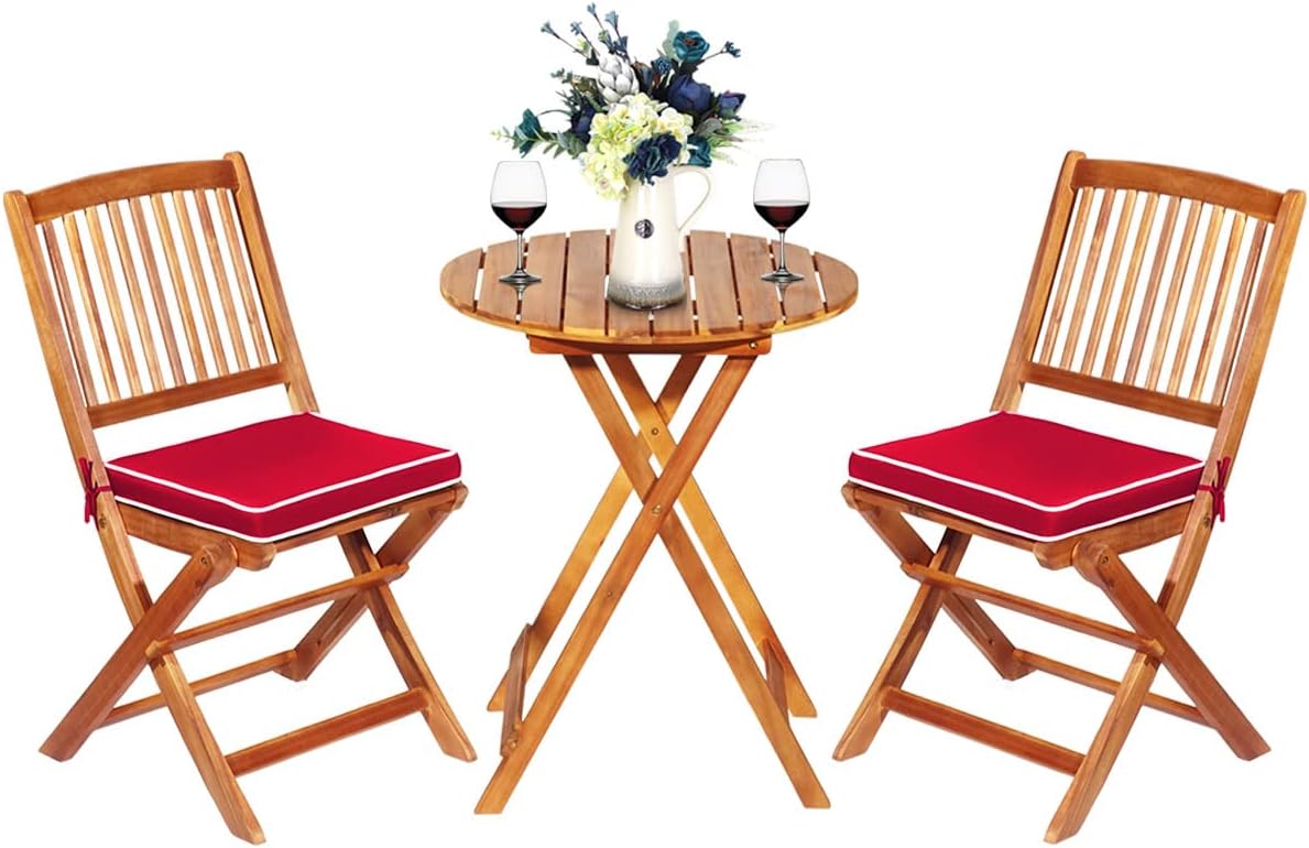 ORALNER 3-Piece Acacia Wood Folding Patio Bistro Set, Small Outdoor Balcony Furniture, Round Coffee Table and 2 Chairs with Soft Cushions, Teak Table Set for Porch, Backyard, Deck (Red)