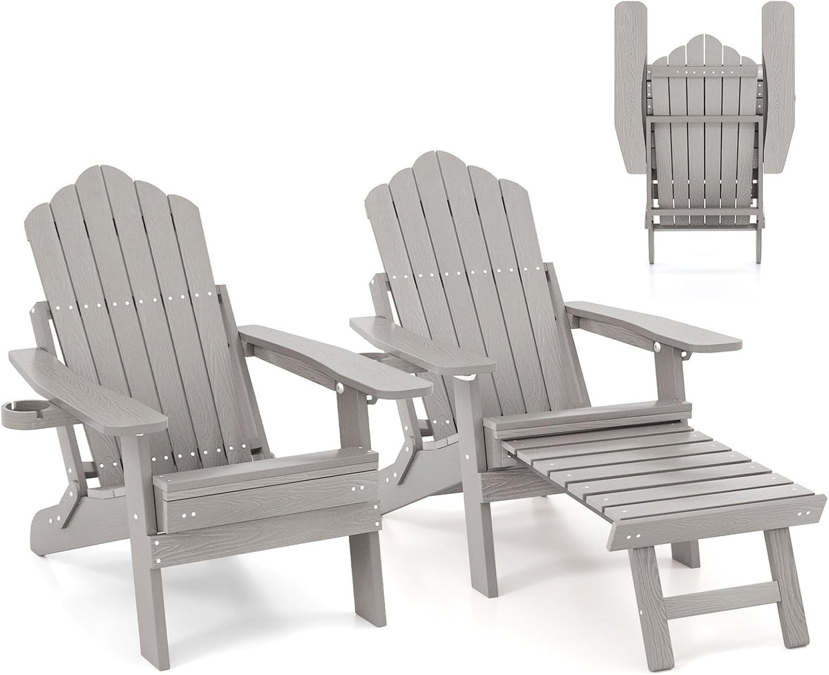 Giantex Folding Adirondack Chair, All-Weather Lounge Chair with Adjustable Backrest, Retractable Ottoman, Cup Holder, HIPS Fire Pit Chair for Lawn, Pool, Patio, Porch (2, Gray)