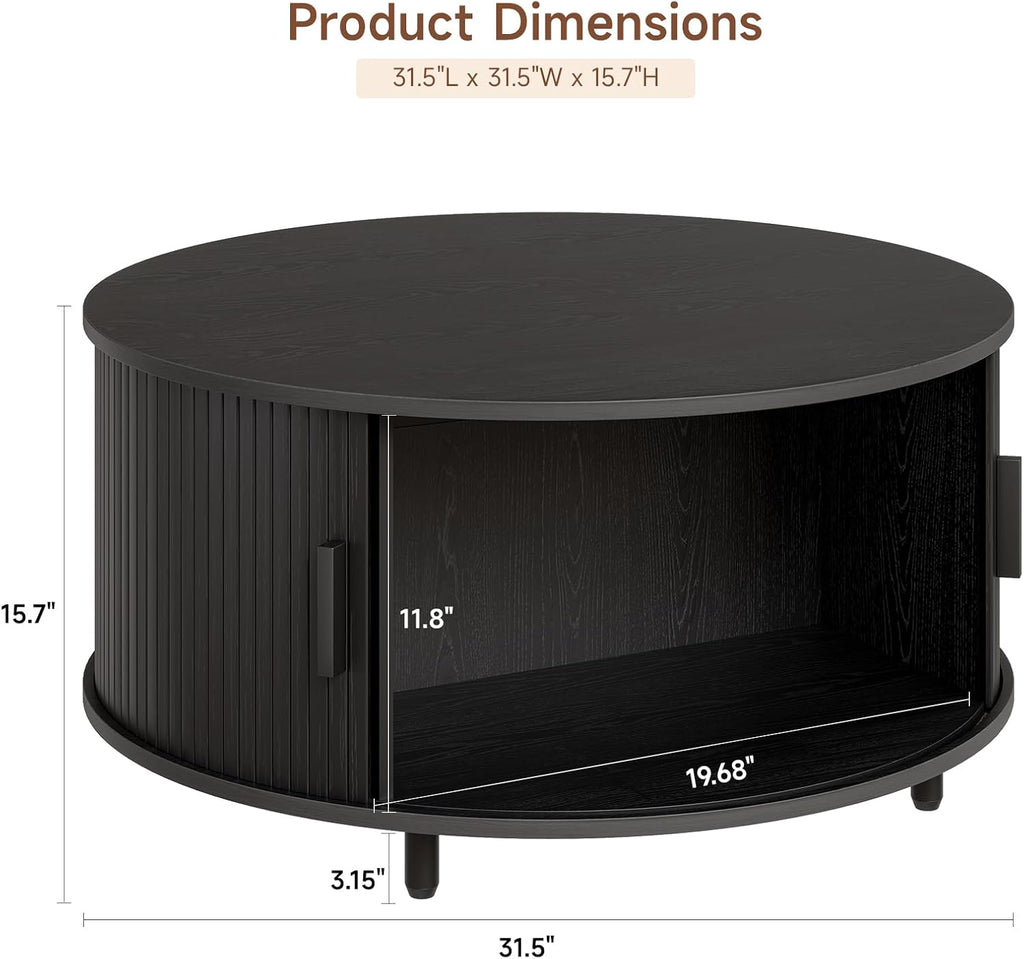 ONBRILL 31.5" Round Coffee Table with Storage Adjustable Footpads, Black
