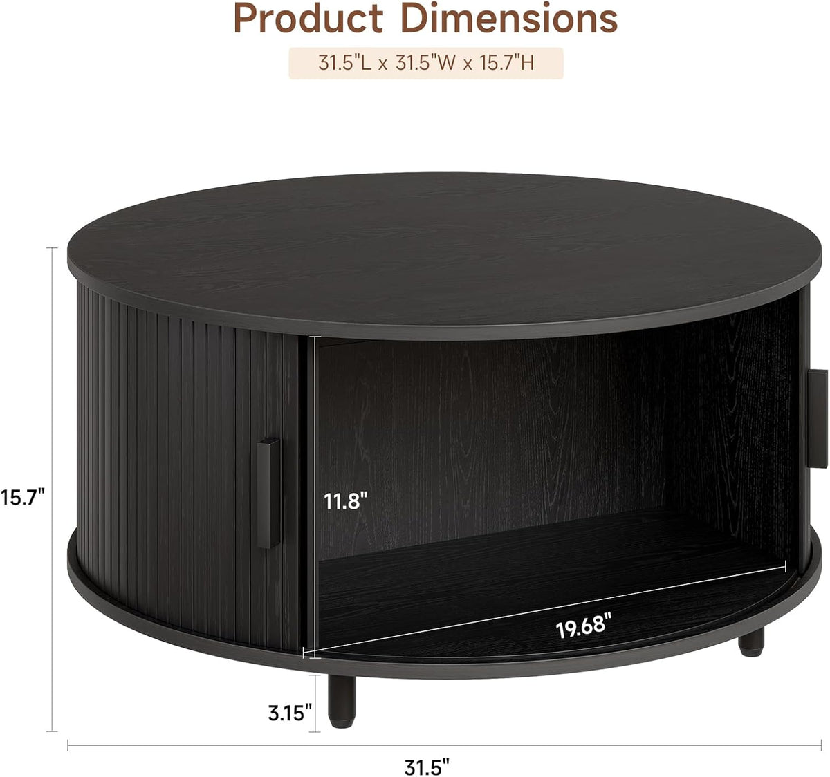 ONBRILL 31.5" Round Coffee Table with Storage Adjustable Footpads, Black