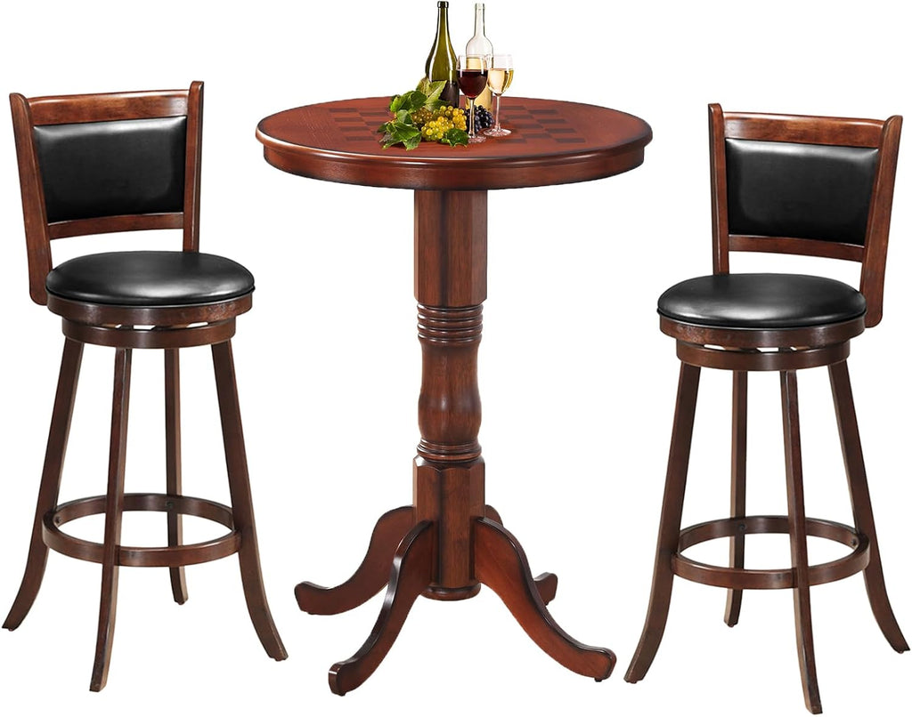 ERGOMASTER 3-Piece Dining Table Set for 2, Compact Round Table with Swivel Bar Stools, Retro Style Kitchen and Dining Room Furniture for Small Spaces, Rectangle Back