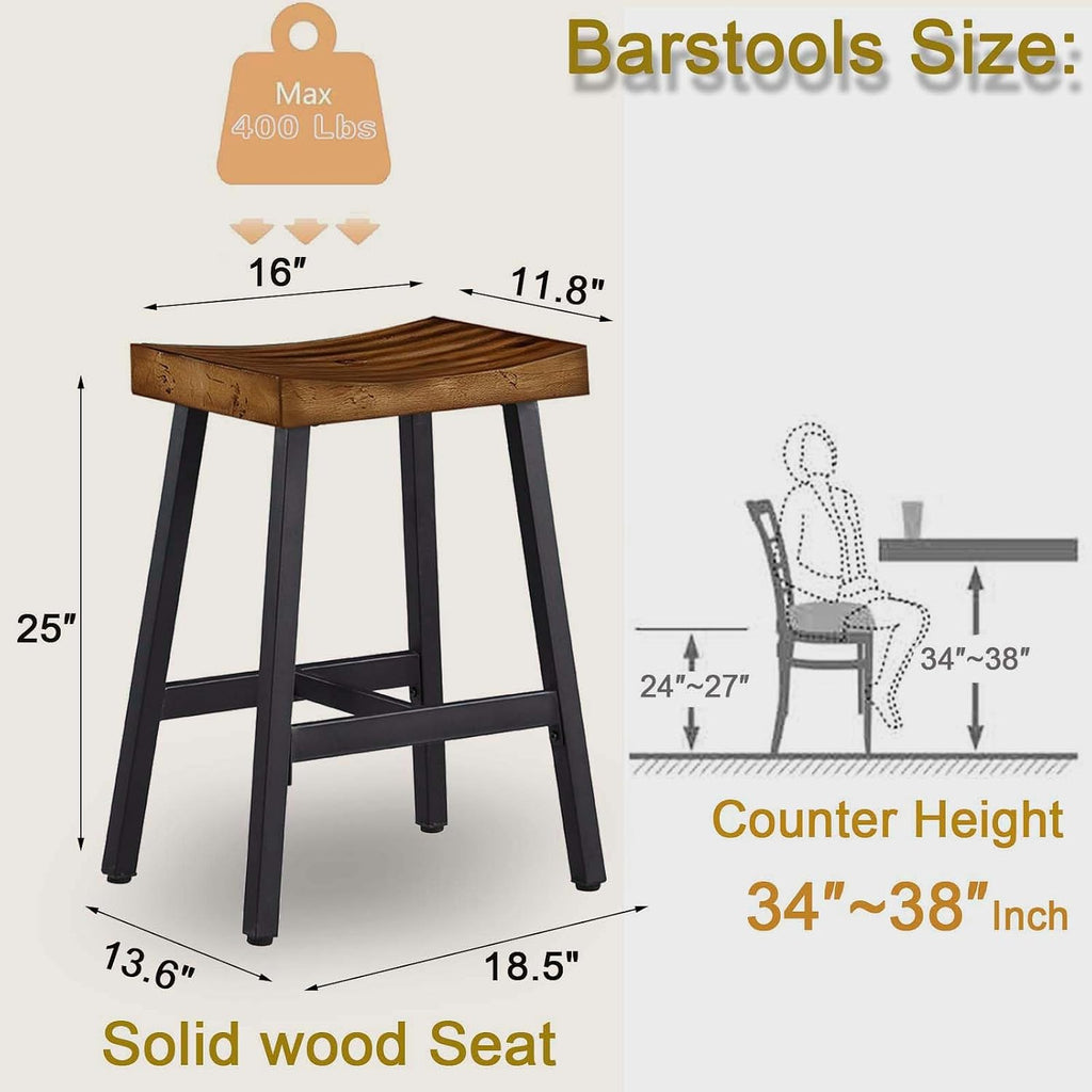 Rustic Farmhouse Wood Bar Stools Set of 3, 25" Backless Counter Barstools with Reclaimed Brown Solid Wooden Saddle Seat, Heavy Duty Vintage Black Industrial Metal for Kitchen Island, Bar