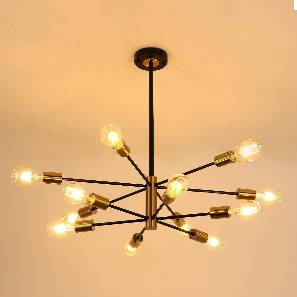 12-Light Modern Sputnik Chandelier, Mid Century Black Gold Ceiling Chandeliers, E26 Base,Branch Height Adjustable Pendant Lighting Fixture for Kitchen Island Dining Room Living Room Bedroom