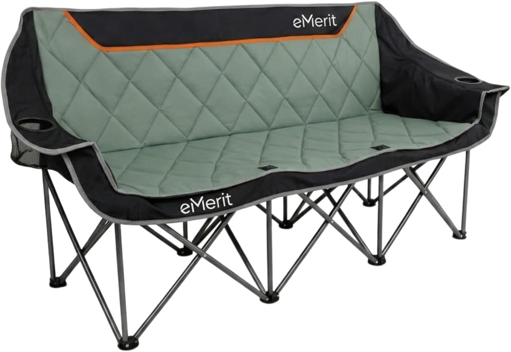 EMERIT 3 Person Camping Chair,900lb Heavy Duty Triple Loveseat Wide Padded Folding Couch for Adults & Family