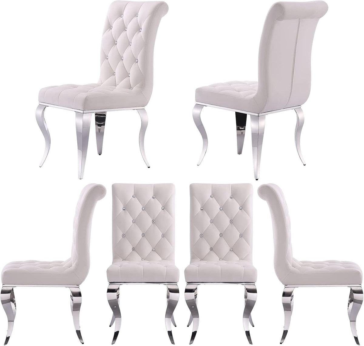White Velvet Dining Chairs with Silver Mirrored Legs, Set of 6