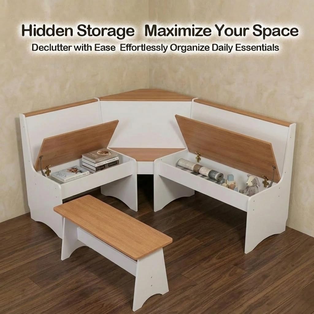 Farmhouse Breakfast Nook Table Set, Dining Nook Set with Corner Bench,with Storage Function Mid Century Modern Small Dining Table Set, Kitchen Table Corner Set (White + Natural)
