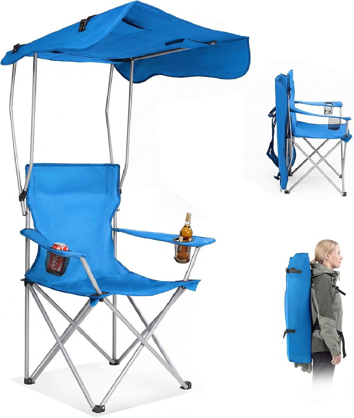 VINGLI Portable Folding Camping Chair with Canopy, Beach Chair with Canopy for Adult, Adjustable Sun Shade for Sport Event, Outdoor, Camping, Fishing-Green