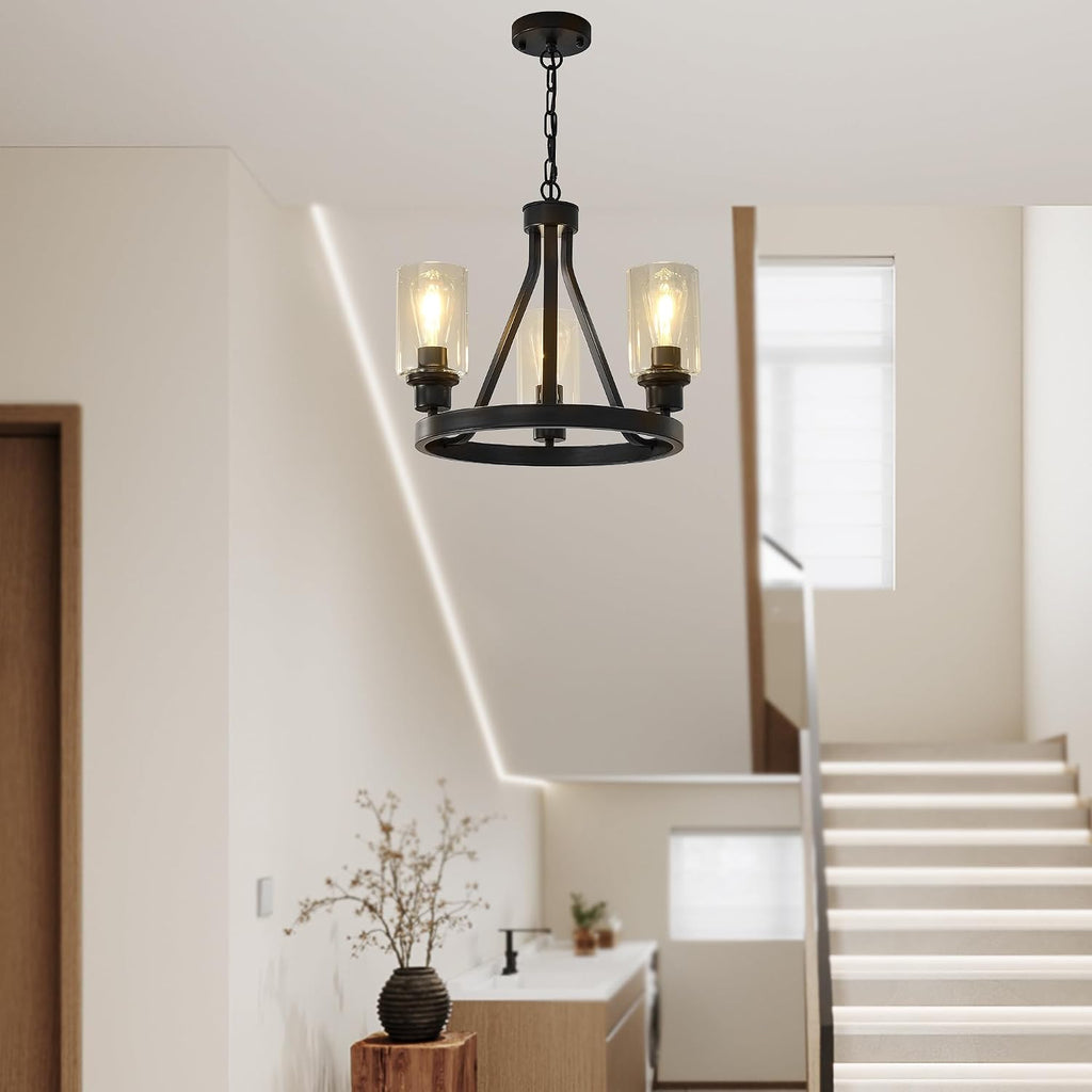 Bronze Chandelier,Farmhouse Chandelier Lighting Round 3 Lights with Glass Shade Ceiling Hanging Vintage Rustic Light Fixture for Dining Room Living Room Foyer Porch Kitchen Island
