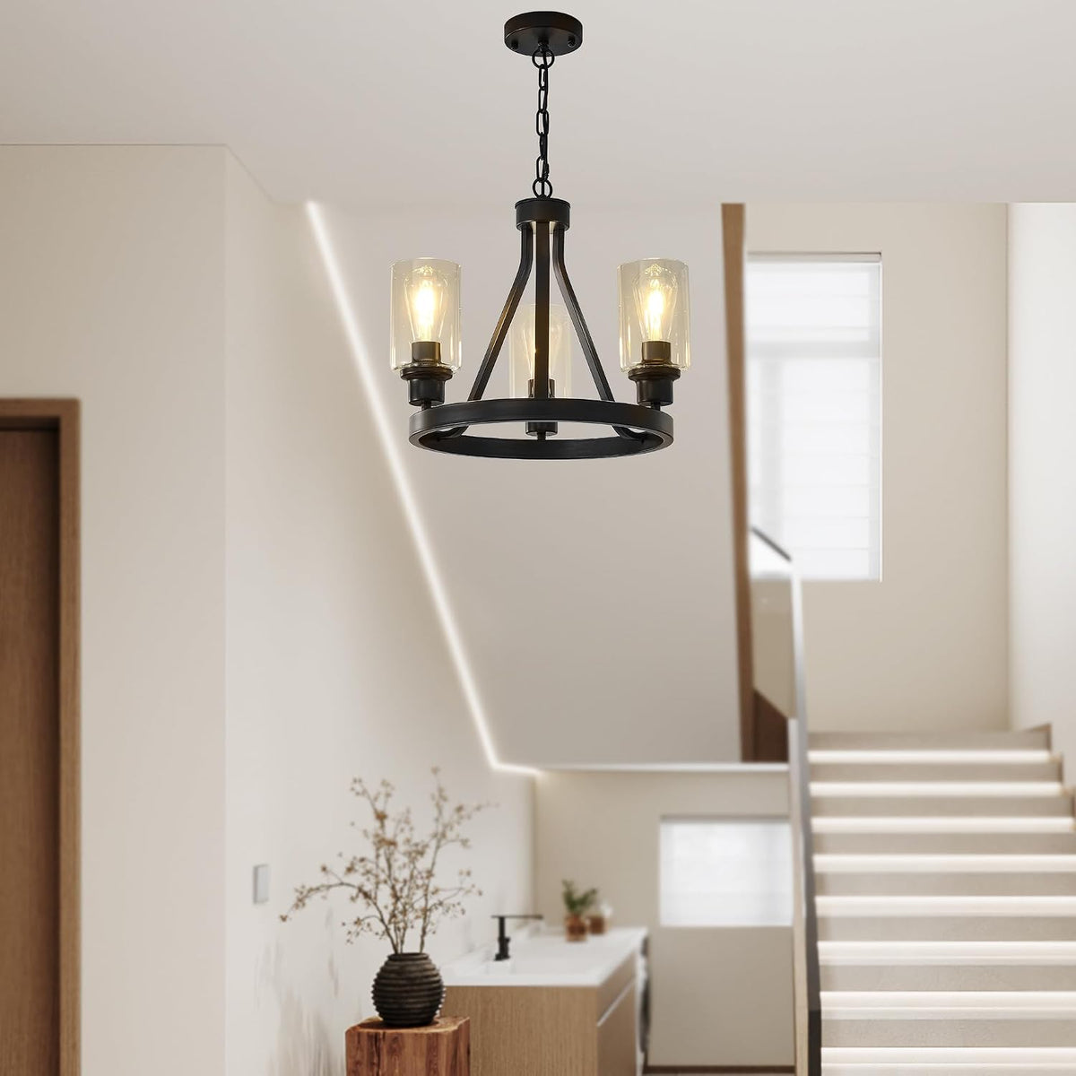 Bronze Chandelier,Farmhouse Chandelier Lighting Round 3 Lights with Glass Shade Ceiling Hanging Vintage Rustic Light Fixture for Dining Room Living Room Foyer Porch Kitchen Island