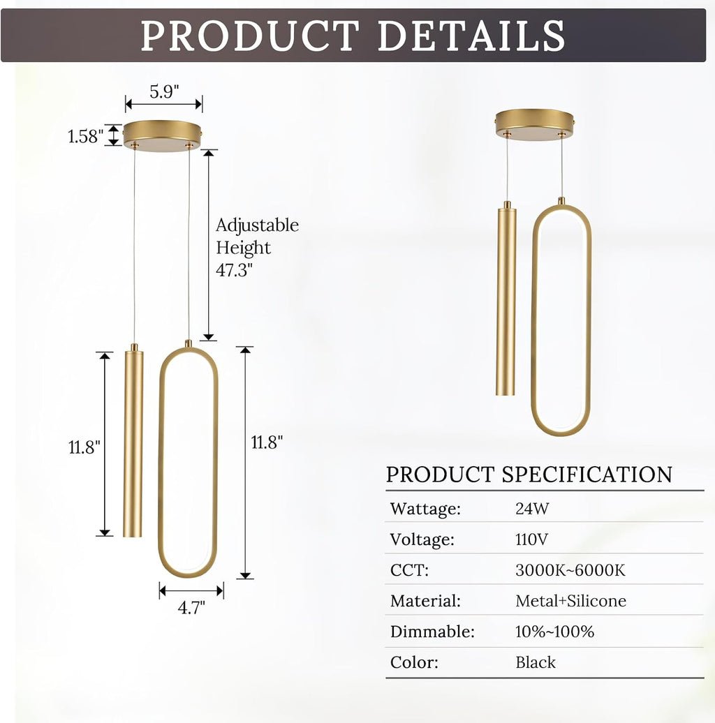 Gold Modern Mini LED Pendant Light with Remote Control, 24W 3-Color Temp Stepless Dimmable Ceiling Hanging Light for Bedroom Kitchen Island Dining Room Foyer Entryway
