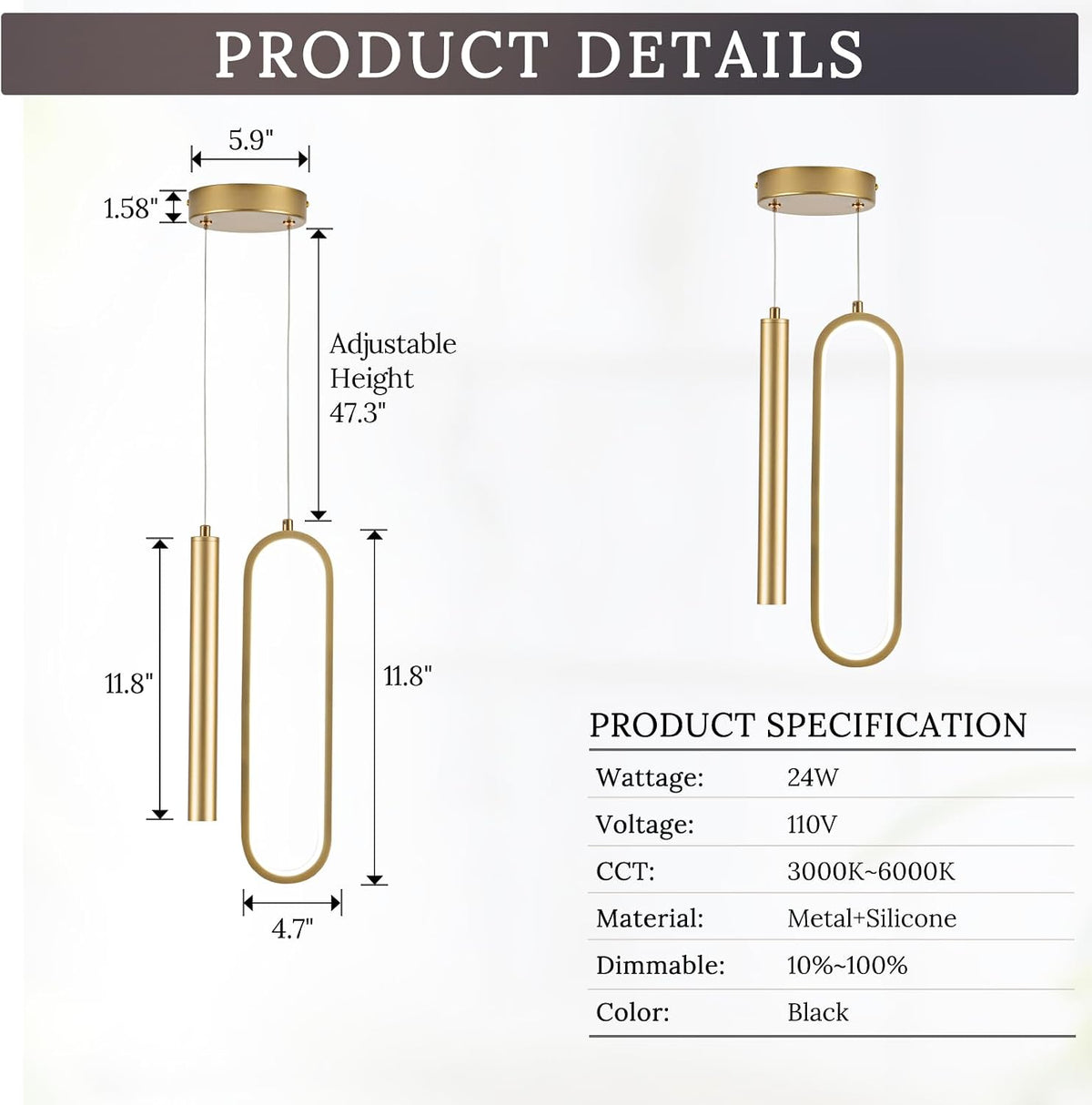 Gold Modern Mini LED Pendant Light with Remote Control, 24W 3-Color Temp Stepless Dimmable Ceiling Hanging Light for Bedroom Kitchen Island Dining Room Foyer Entryway