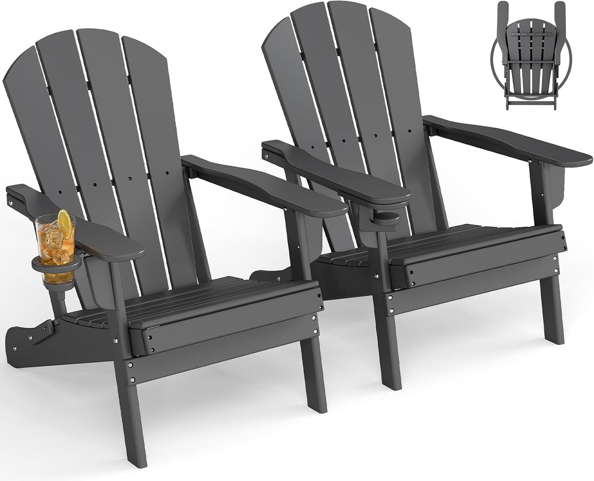 GREENVINES Folding Adirondack Chairs Set of 2 w/Cup Holder, HDPE, Grey