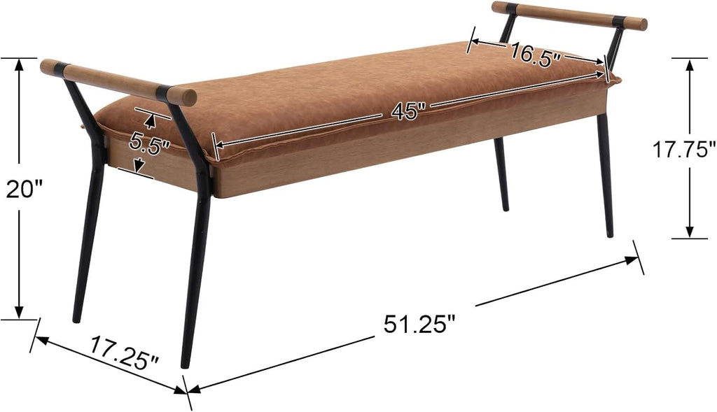 DUOMAY Modern PU Ottoman Bench with Arms & Metal Legs, Brown