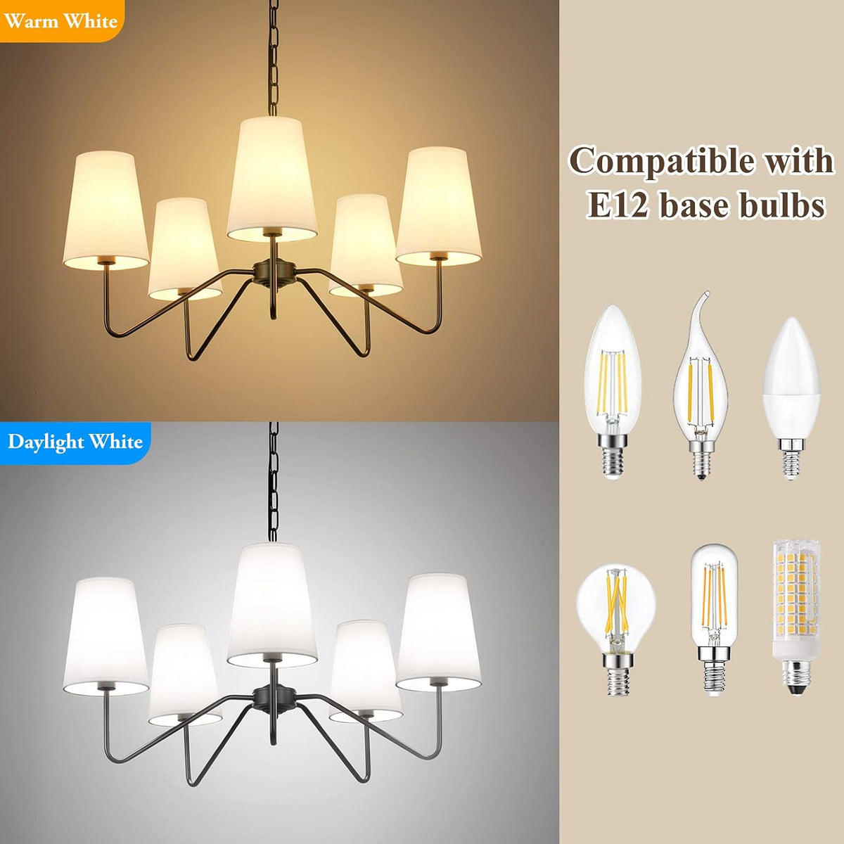 5-Light Black 30” Modern Chandelier with White Shades for Dining Room