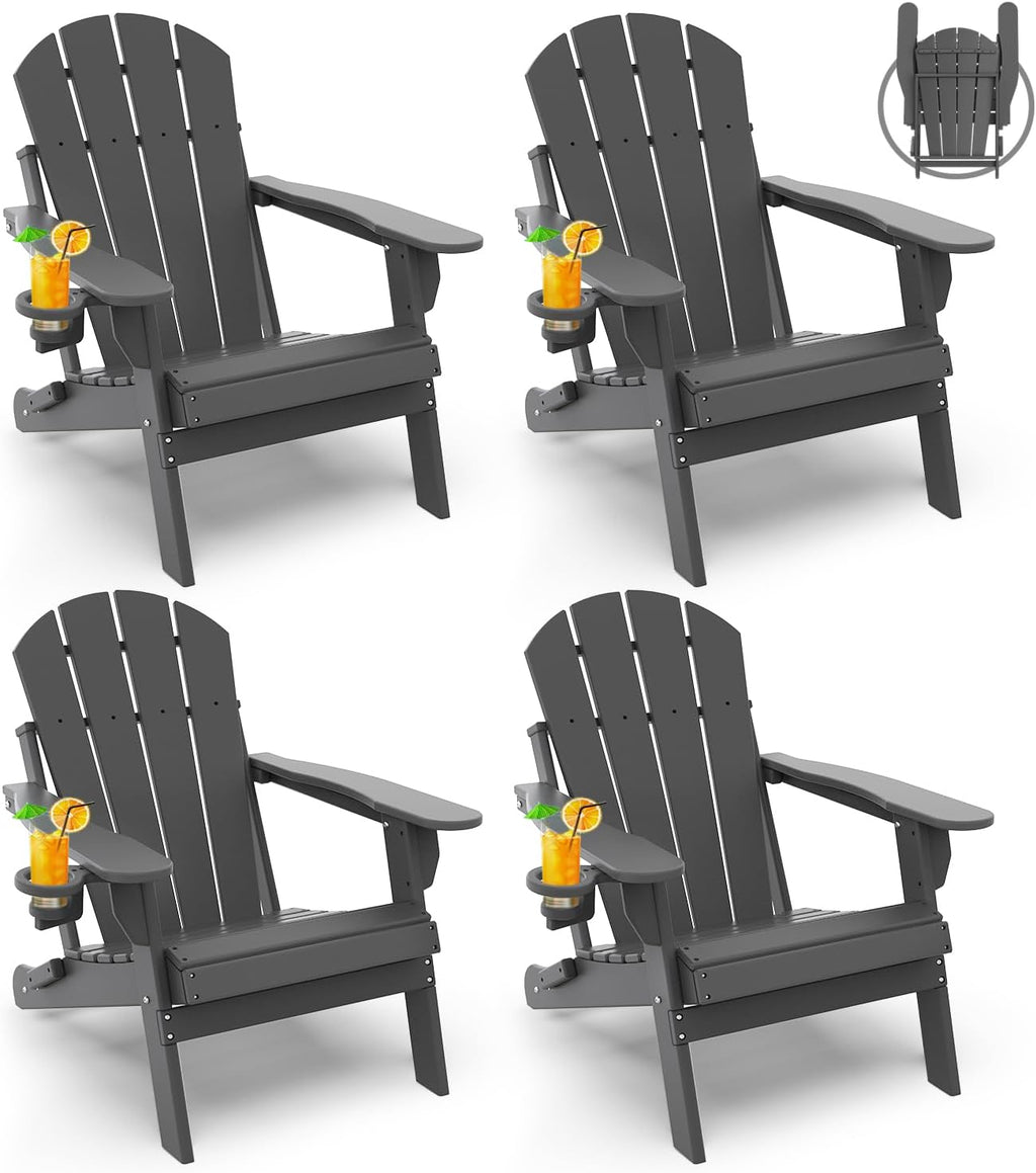 GREENVINES Folding-Adirondack-Chairs Set of 4, HDPE All Weather, Grey