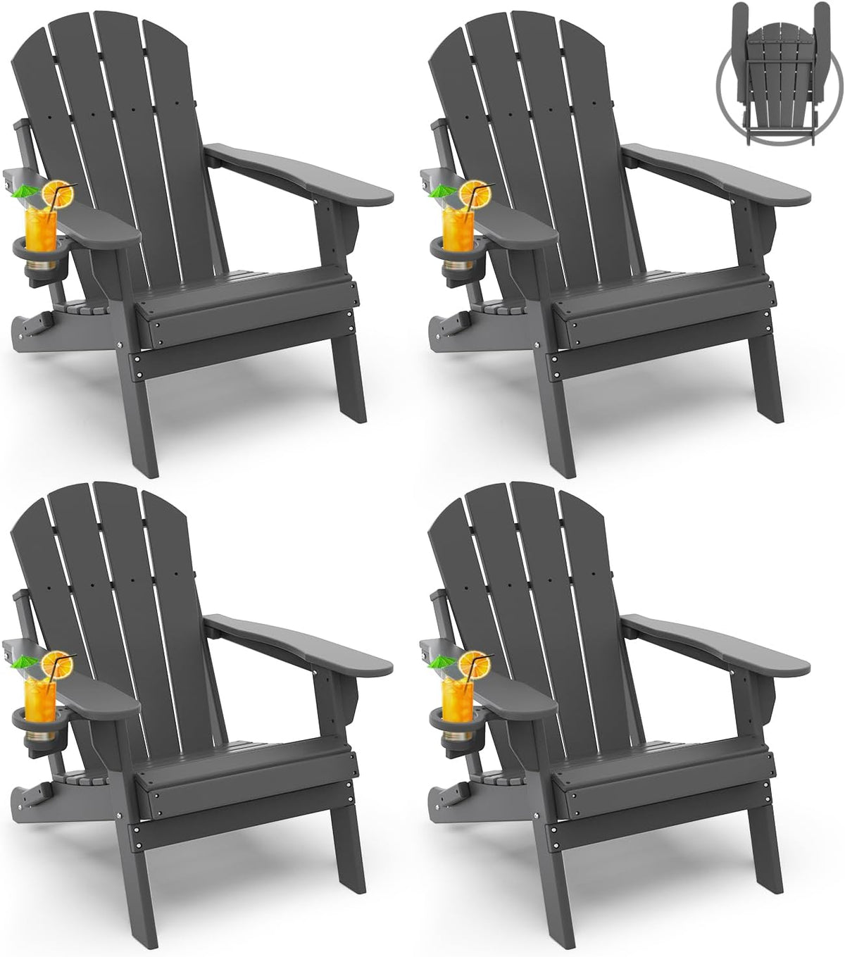 GREENVINES Folding-Adirondack-Chairs Set of 4, HDPE All Weather, Grey