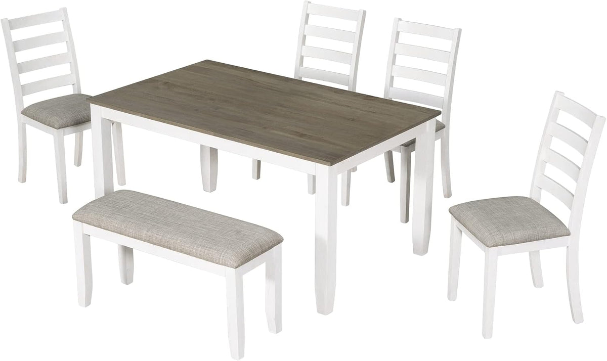 Merax Wooden Dining Table Set with Upholstered Chairs and Bench, 6-Piece Dining Room Table Set for 4-6, Brown+Whitewash