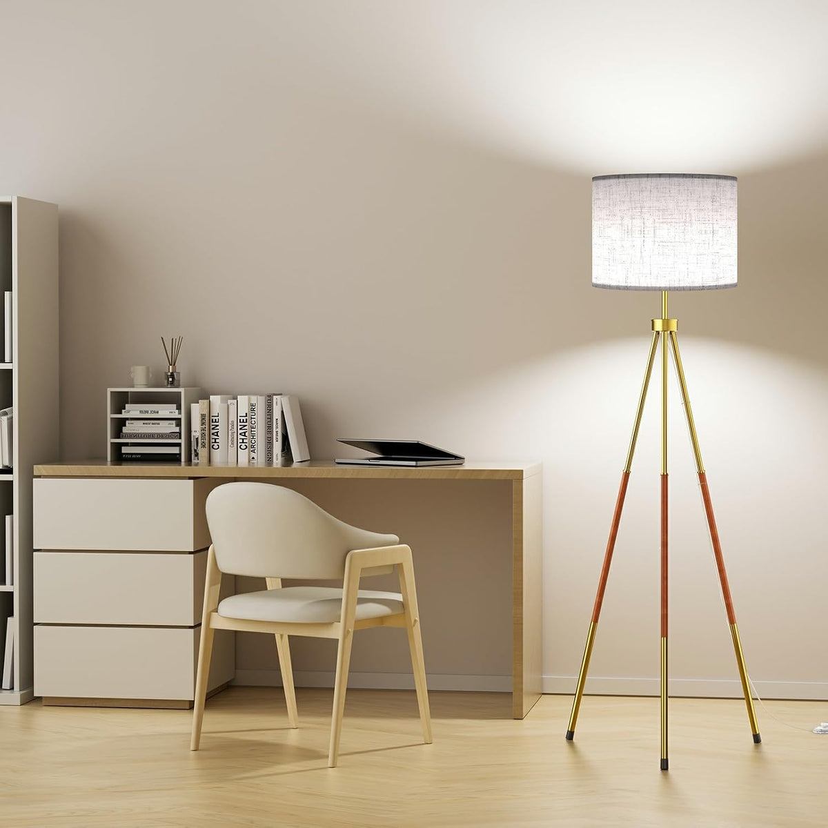 SIBRILLE Mid Century Wood Tripod Floor Lamp with Remote & Foot Switch