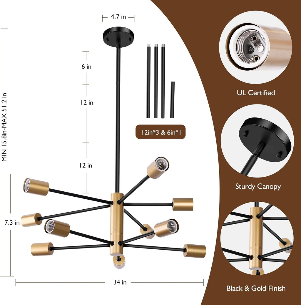 Sheetea 10-Light Chandelier, Dining Room Light Fixture Black and Gold