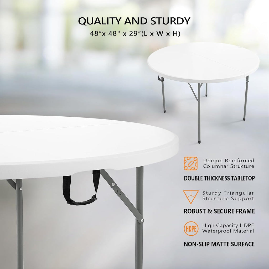 VINGLI White 48" Round Bi-Folding Commercial Table, 4 Feet Portable Plastic Dining Card Table for Kitchen or Outdoor Party Wedding Event, 1-Pack