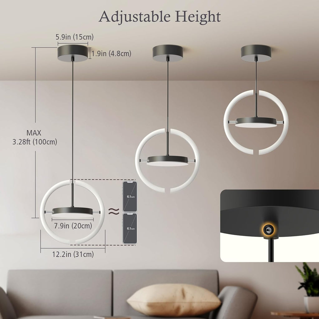LED Saturn Pendant Lights, 3000-6000K Dimmable with Remote, Black, 1-Pack