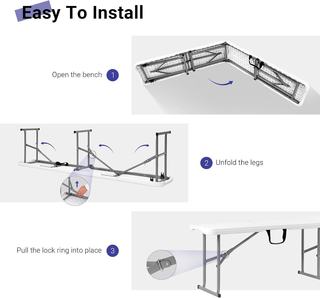 Folding Bench 6ft,Portable Plastic Bench Seat with Handle,White,2 Pack