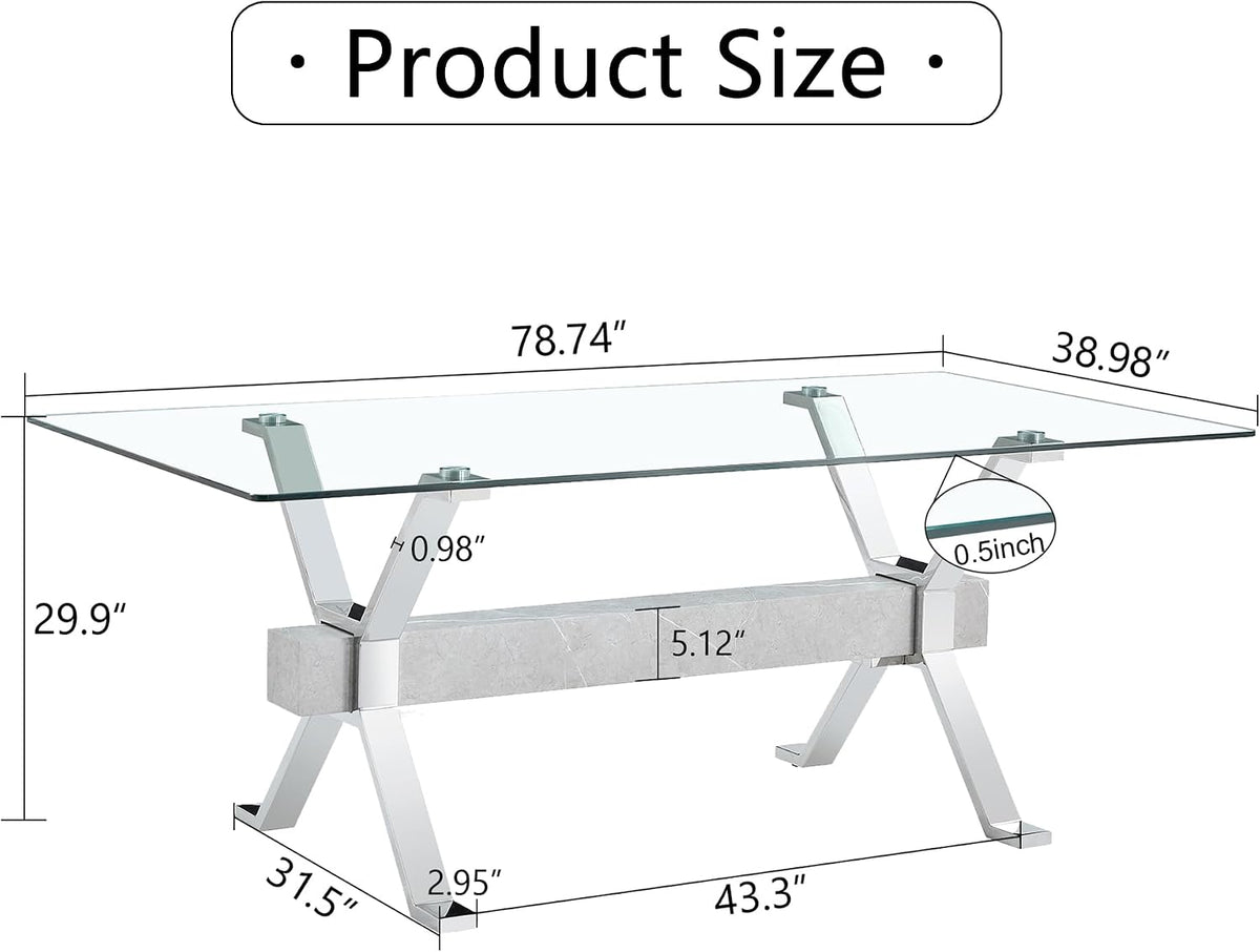 79'' Glass Dining Table, Modern Kitchen Table, Clear Dining Room Table with 0.5" Tempered Glass Tabletop with Plated Metal Legs and MDF Crossbar, Ideal for Dining Room, Kitchen.