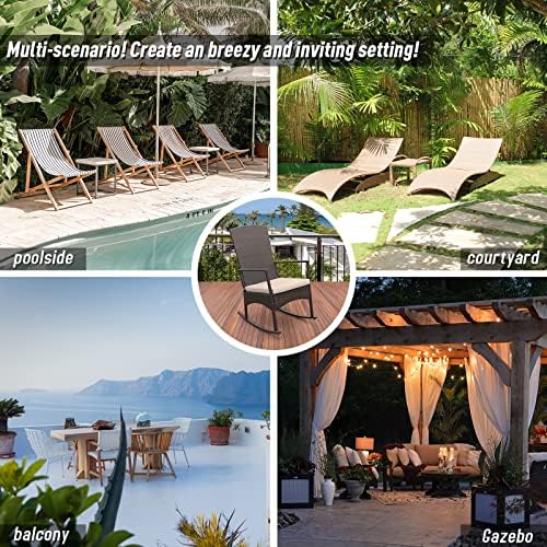 Outdoor HDPE Wicker Rocking Chair 3-Piece Patio Rattan Bistro Set 2 Rocker Armchair and Glass Coffee Side Table Furniture Washable Lacing Cushions, Khaki