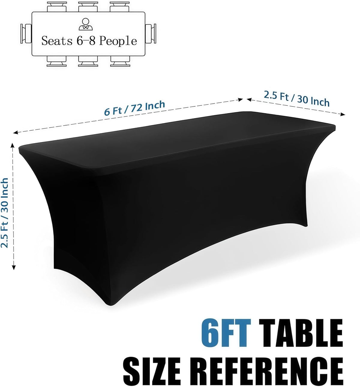 6FT Black Table Cloth - 6 Pack Fitted Stretch Rectangle Spandex Tablecloth, Washable Table Cover for Party, Picnic, Wedding, Banquet, Birthday and Festival(30" x 72")