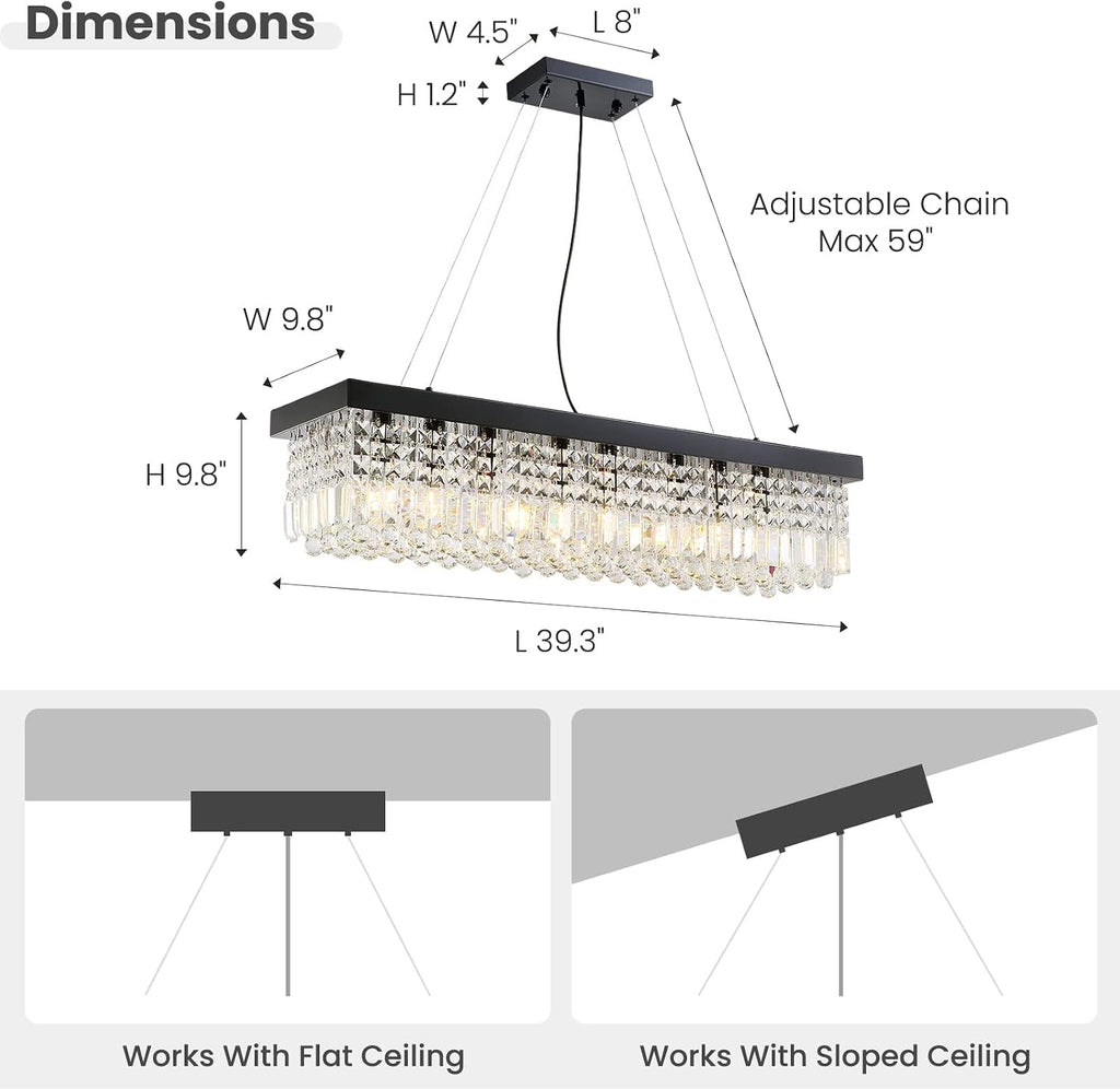 7PM Rectangle K9 Crystal Chandelier Modern Rectangular Pendant Lighting Fixture for Dining Room Kitchen Island Bedroom Black L40 x W10 x H10
