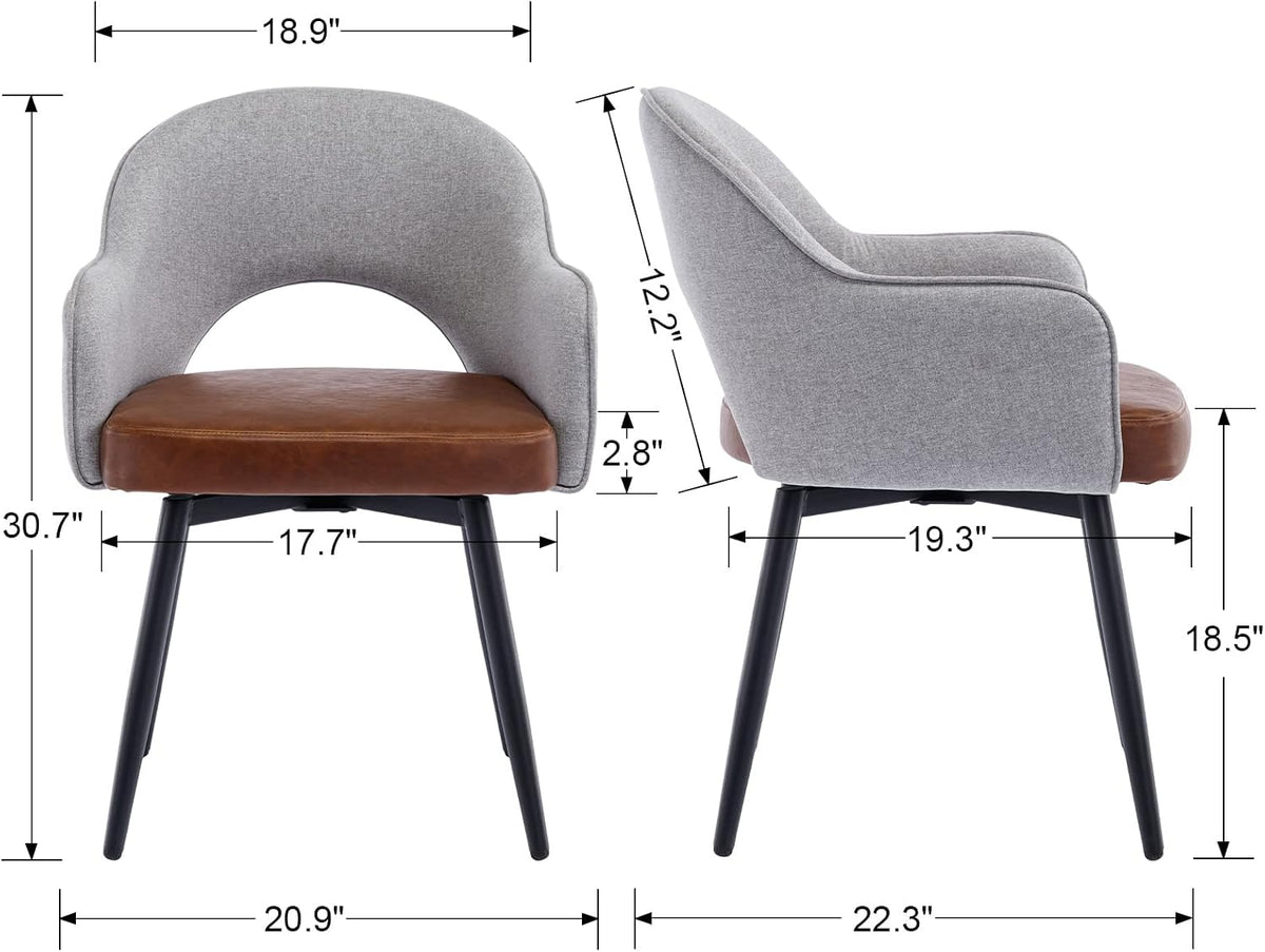DUOMAY Modern Swivel Dining Chairs Set of 2, Linen & Faux Leather Upholstered Accent Side Chair, Accent Guest Chair for Kitchen Dining Room Living Room, Light Gray & Brown