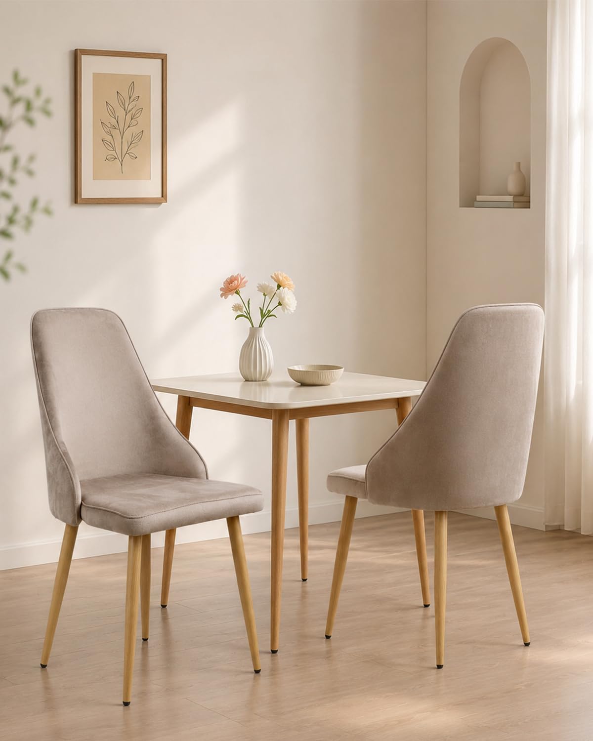 Mid-Century Modern Dining Chairs Set of 2 Grey Velvet Upholstered High Back Accent Chairs with Solid Sturdy Legs Ergonomic Curved Backrest Kitchen Chairs for Dining Room/Kitchen/Living Space