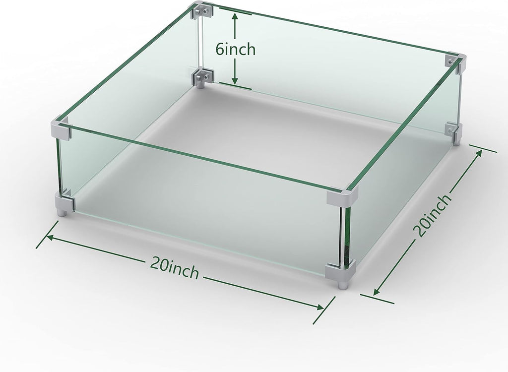 20"x20"x6" Square Fire Pit Wind Guard, Guard for 28-32 inch Fire Pit Table, 5/16 Inch Thickness Clear Tempered Glass