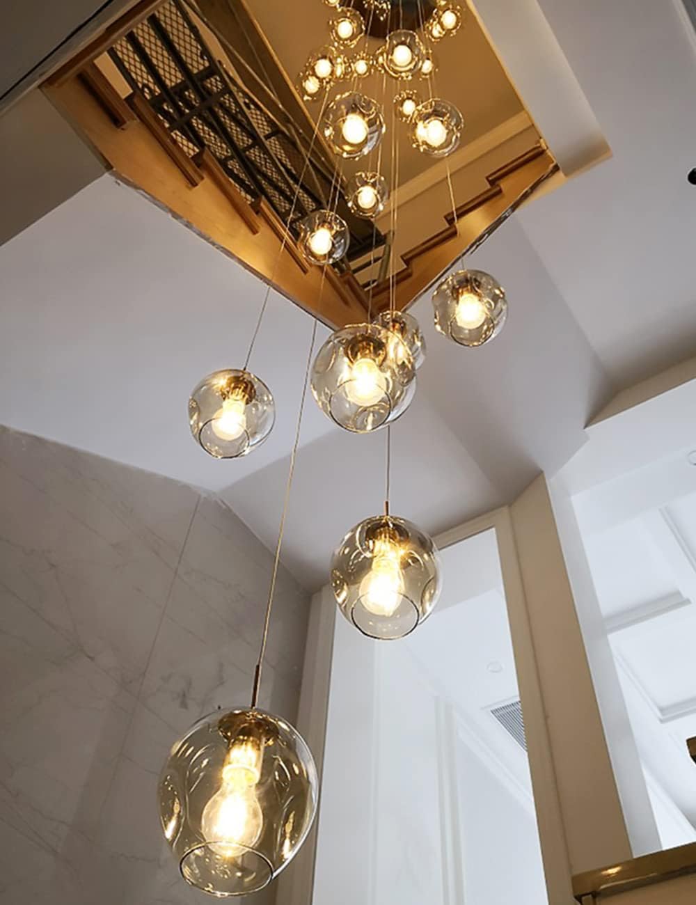 Long Chandeliers for High Ceilings,Modern Crystal Balls Pendant Light,Globe Raindrop Drop Lamp,Flush Mount Hanging Lighting Fixtures for Spiral Staircase,Foyer,Entryway,Living,15 Lights